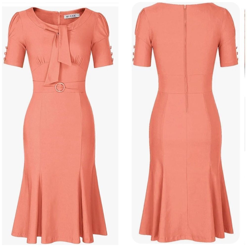 Muxxn Retro 50’s MIDI Dress Peach Color With Mermaid Hem Size 2XL Free Hat
